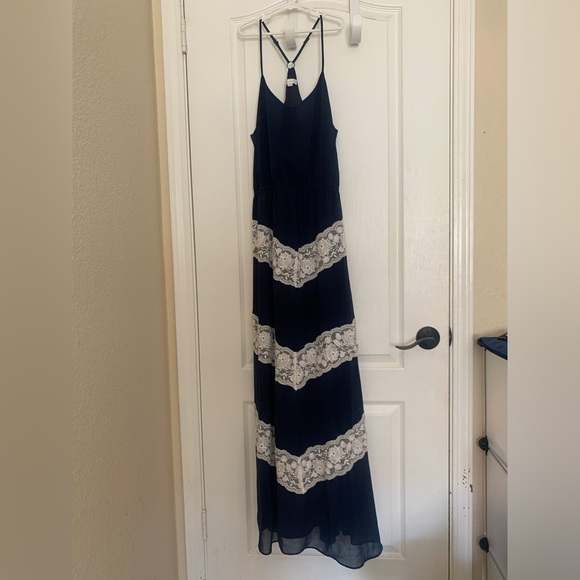 Charming Charlie Navy and White Floral Lace Long Maxi Dress - Picture 1 of 14